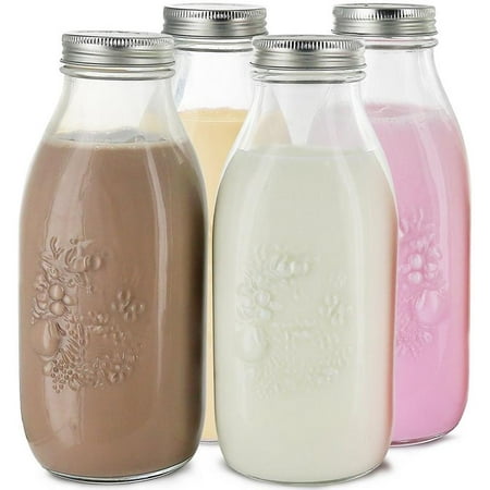 Estilo Dairy Reusable Glass Milk Bottles With Metal Lids, 33.8 oz, Set of 4.