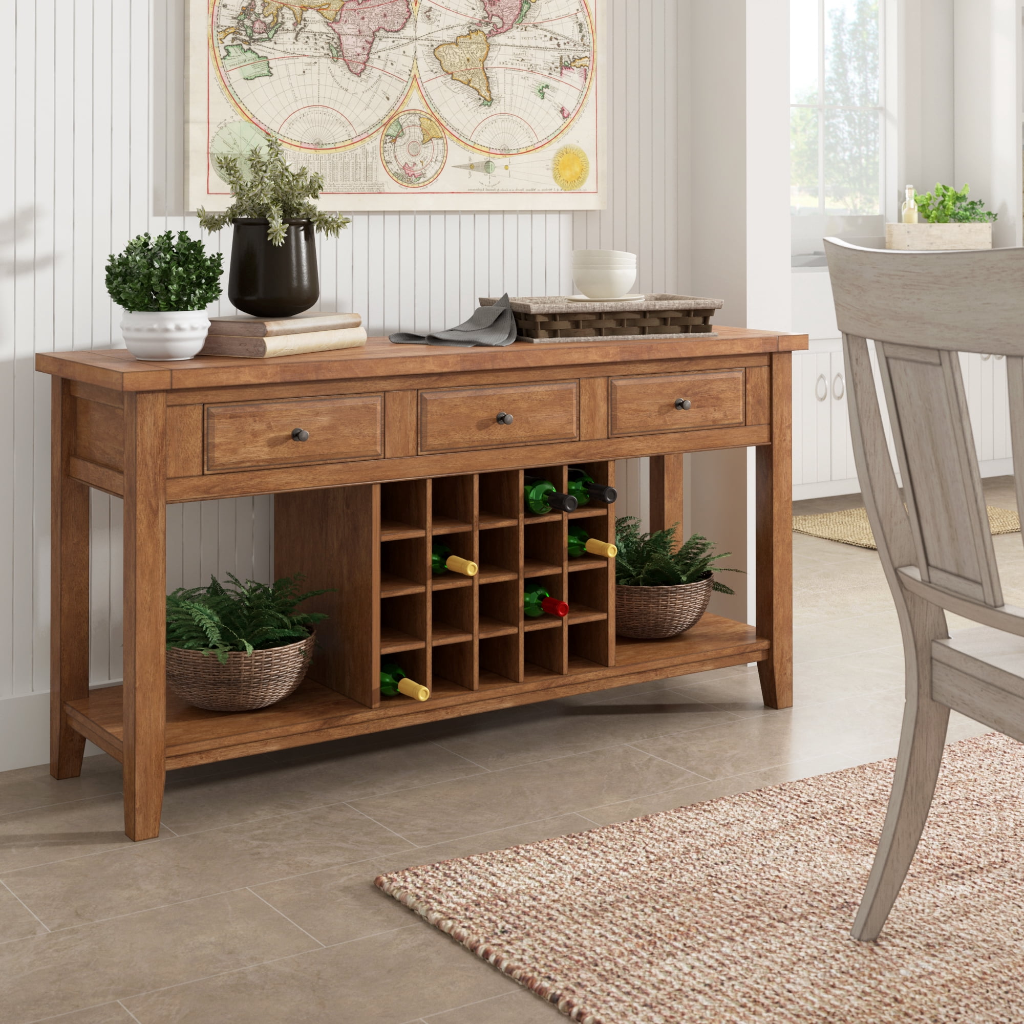 Weston Home Farmhouse Oak Top Kitchen Buffet Server with Wine Rack, Oak