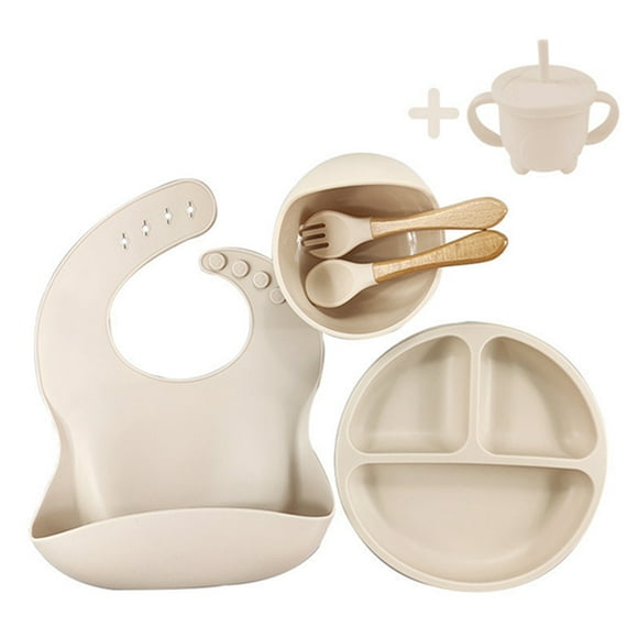 WIFORNT Silicone Baby Feeding Set, Toddler Plate Spoon Fork Cup Bib Bowl Eating Utensil Set