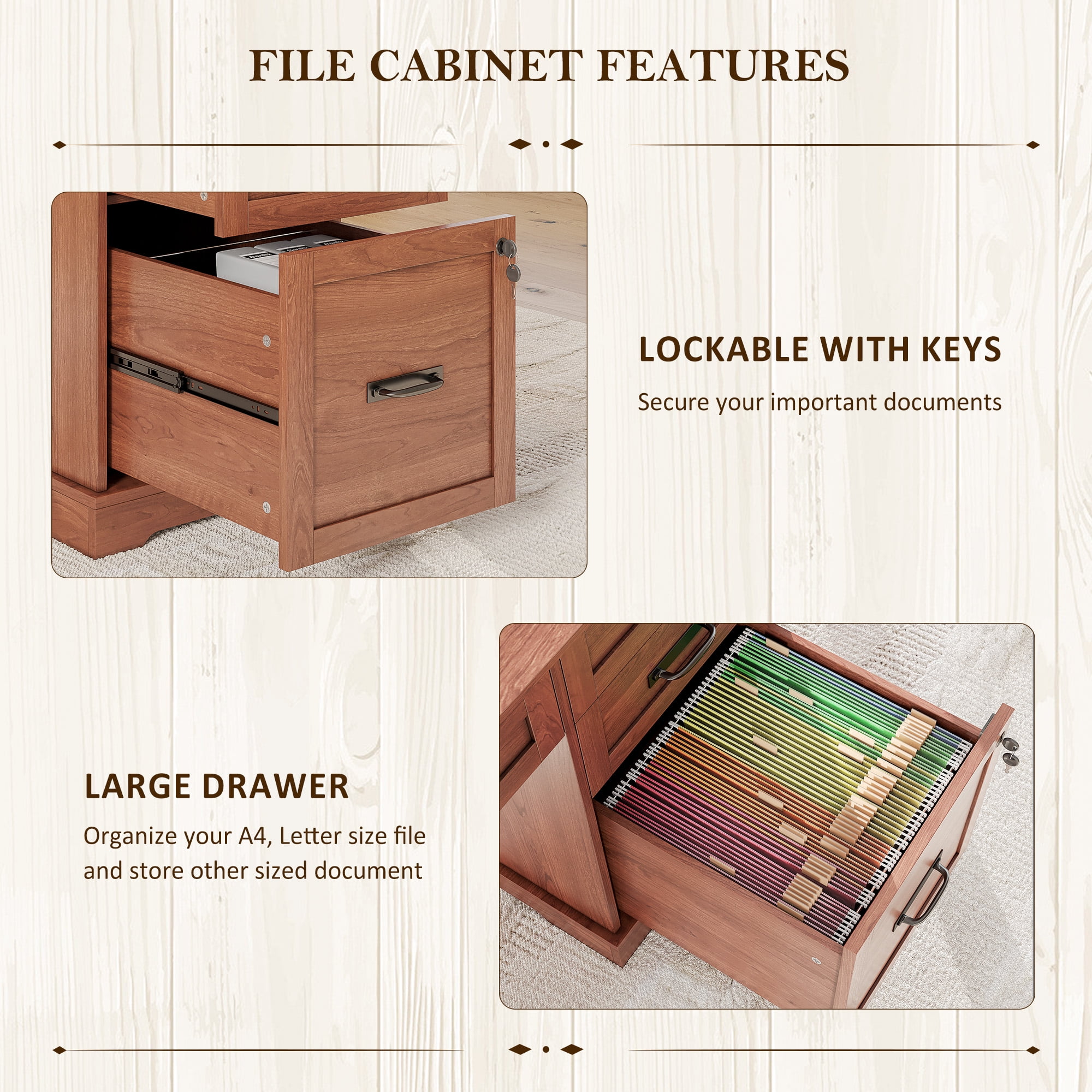 Executive Desk, 55'' Farmhouse Desk for Home Office with File Drawer and Power Outlets, Cherry Brown