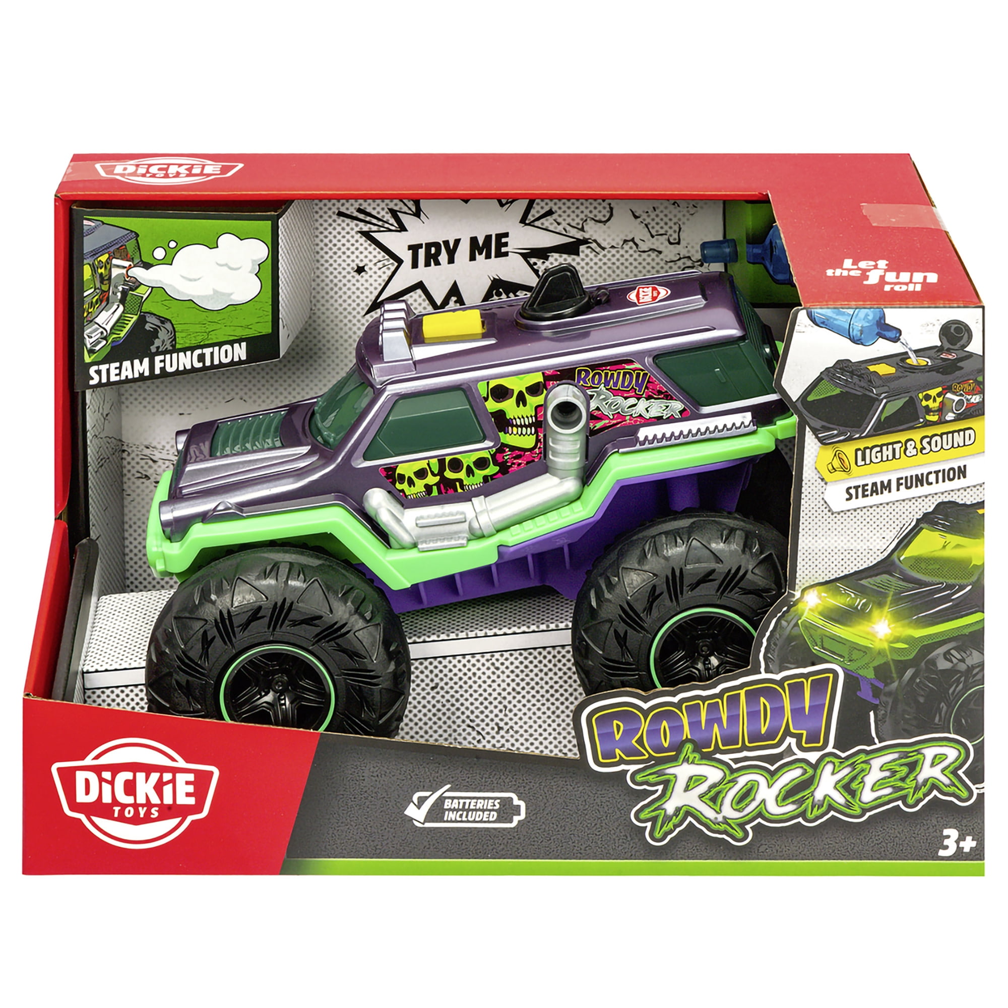 Dickie Toys: Rowdy Rocker Monster Truck – Green & Purple - 9.8" Light & Sound Freewheel Toy Vehicle, Smoking Effect, Suspension, Rubber Tires, Kids 3+