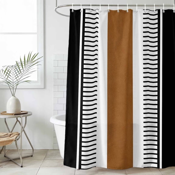 Modern Brown Black Shower Curtain, Waterproof Shower Curtains for Bathroom, Boho Contemporary Geometric Striped Washable Fabric Cloth Bathroom Curtain Set Bathtub Decor with Hook 72''x72''