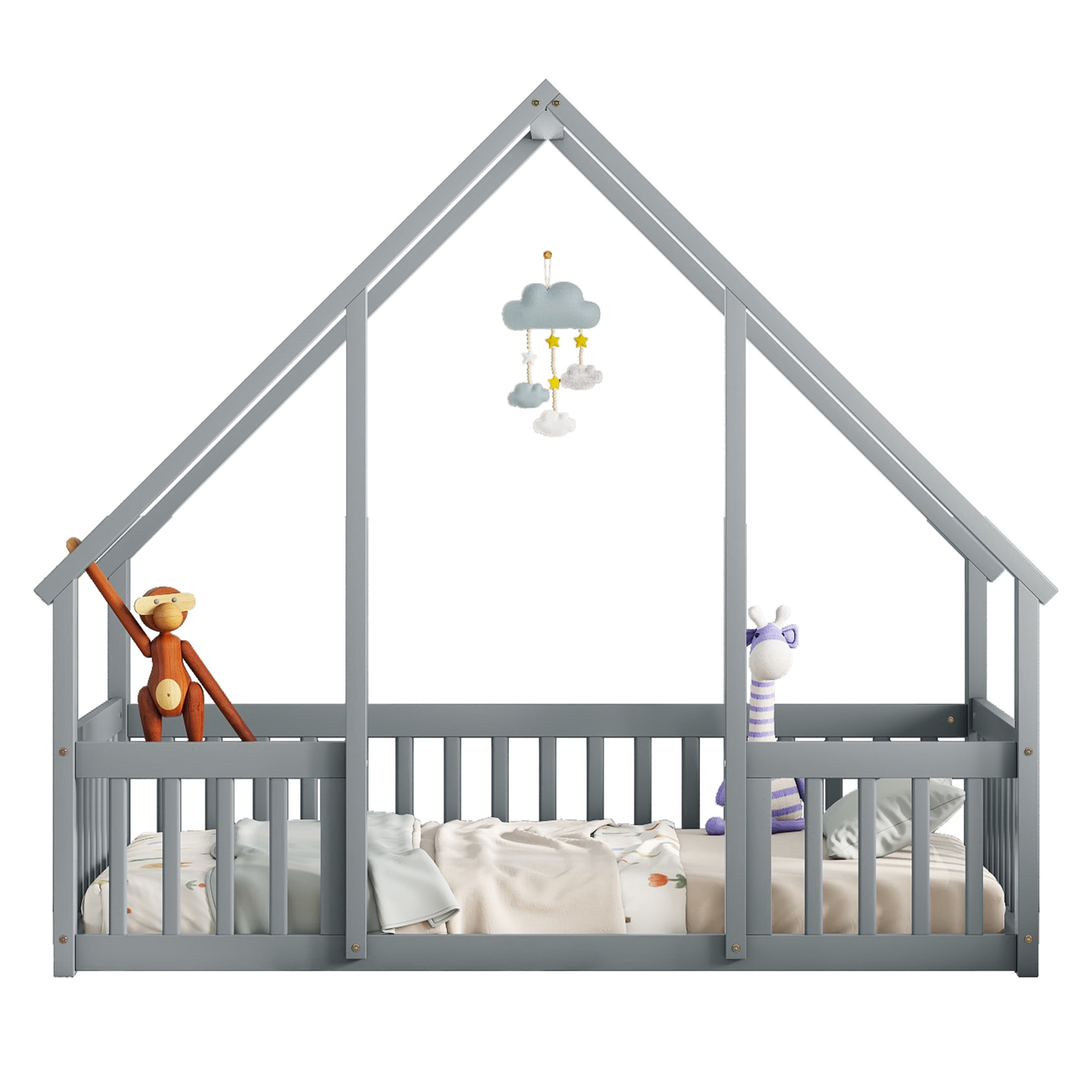 Noble House May Twin Floor Bed with House-Shaped Roof Frame and Fence Guardrails, Solid Pine Wood Frame, Grey