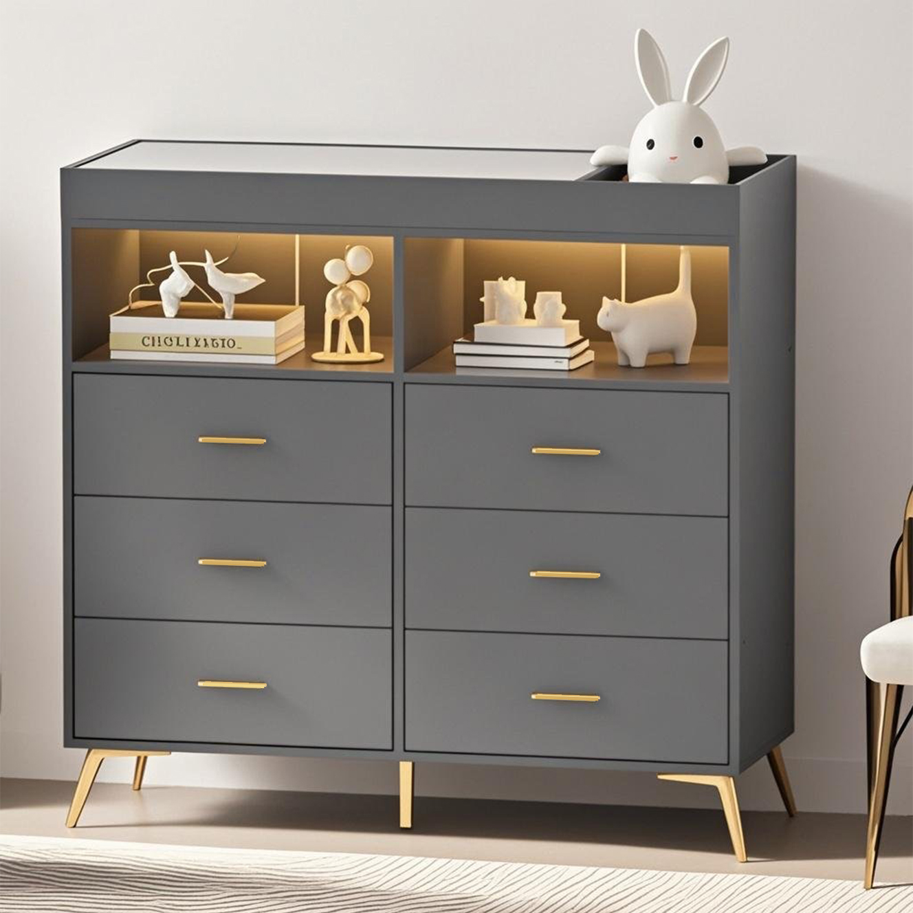 6 Drawer Dresser with LED Lights and Charging Station, Baby Changing Table with Storage, 43 Inches for Nursery Bedroom