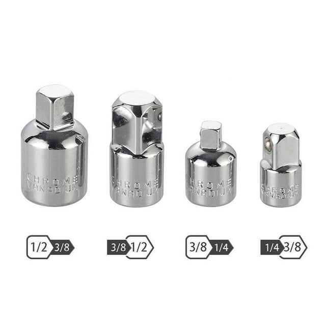 4pcs Silver Square-to-Square Socket Adapter Set - 1/4", 3/8", 1/2" Drive Conversion Heads for Power Tools & Manual Wrenches, Heavy-Duty Durable Construction, Easy-Grip Handle for Mechanic Repairs &