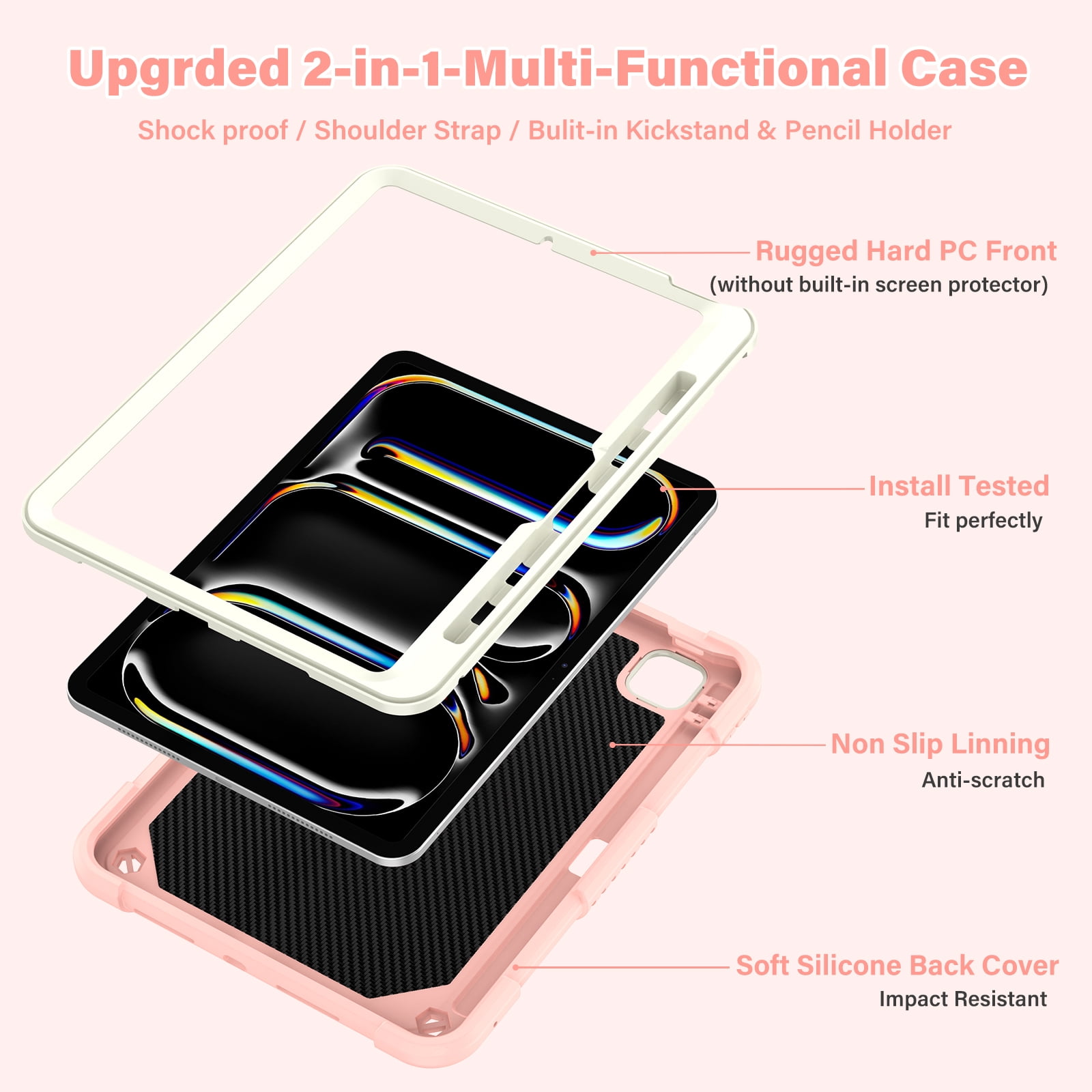 Allytechgroup iPad Pro 11 M4 2024 Case, Cute Butterfly Design Heavy Duty Shockproof Shoulder Strap Pencil Holder Kickstand Bumper Kids Friendly Rugged Case for Apple iPad Pro 11" 2024,Pink+Beige