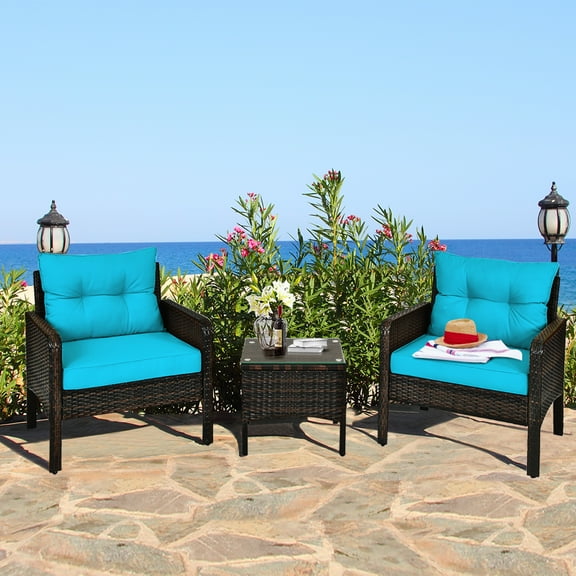 Gymax 3PCS Patio Outdoor Rattan Furniture Set w/ Coffee Table Turquoise Cushion