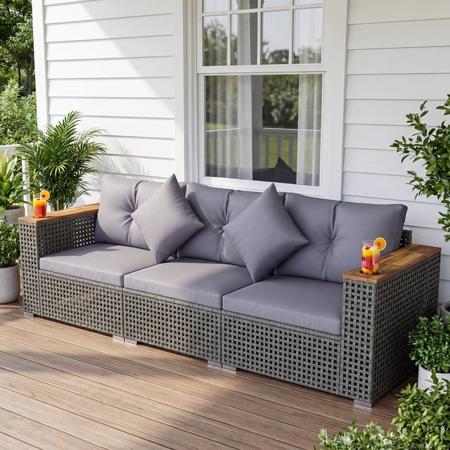 Costway Patio Wicker Sectional Furniture Set, 3 Piece Outdoor Couch Set for Garden Gray