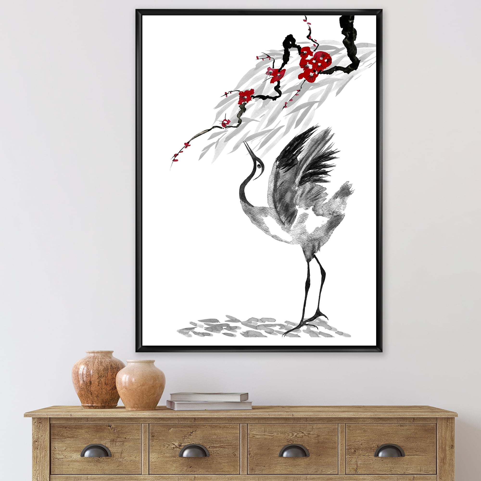 Red Flowers With Japanese Cranes Bird Drawing 16 in x 32 in Framed Painting Canvas Art Print, by Designart