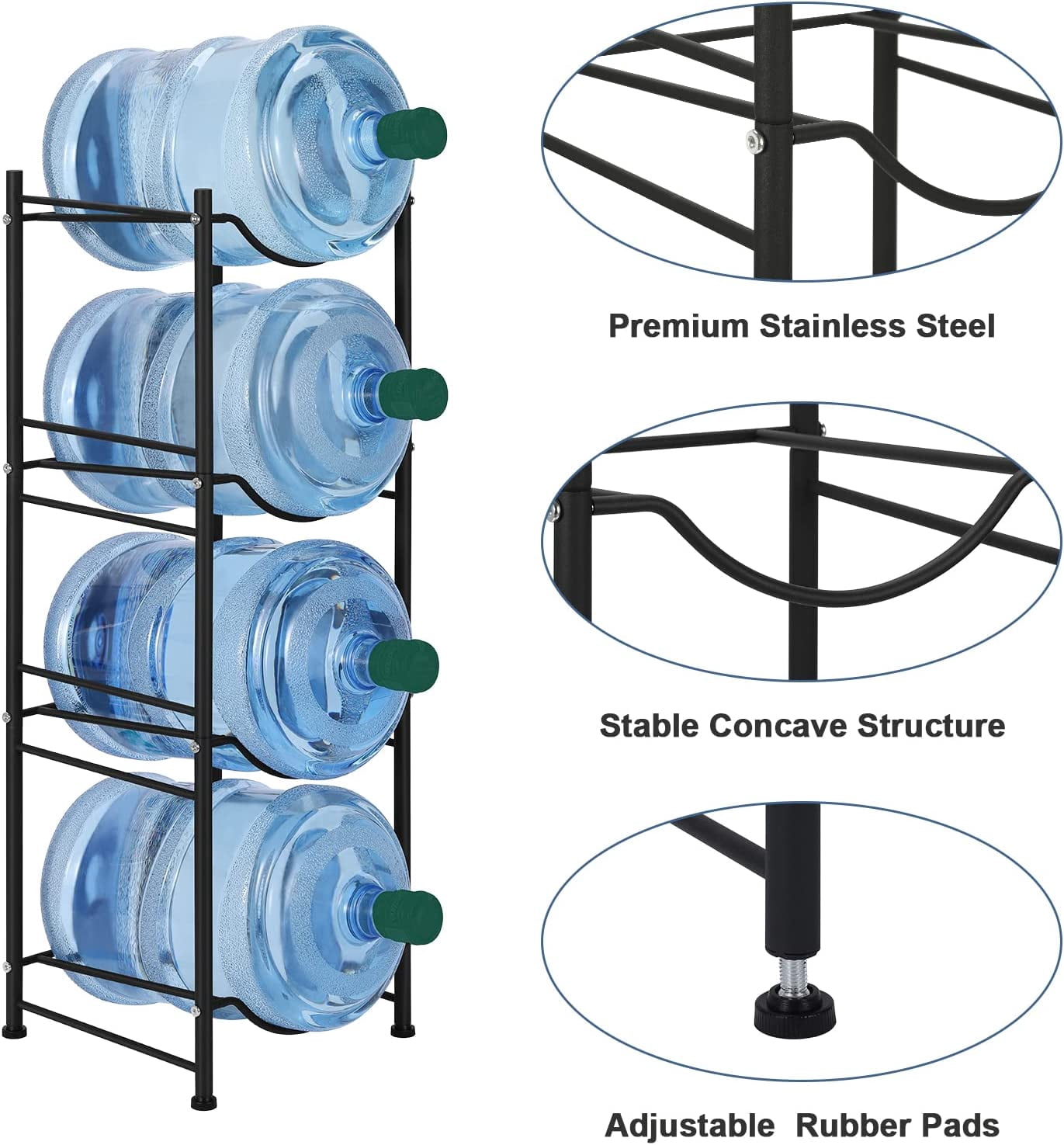 Oumilen 5 Gallon Water Jug Holder Water Bottle Storage Rack 4-Tier, Black