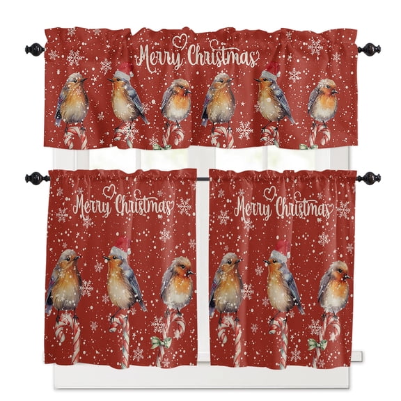 Merry Christmas Kitchen Curtains and Valances Set, Robins Stand on Candy Cane Snowflake Red Rod Pocket Window Valance Window Curtain Panels for Living Room Bedroom Laundry, 27.5x24in, 3 Pieces