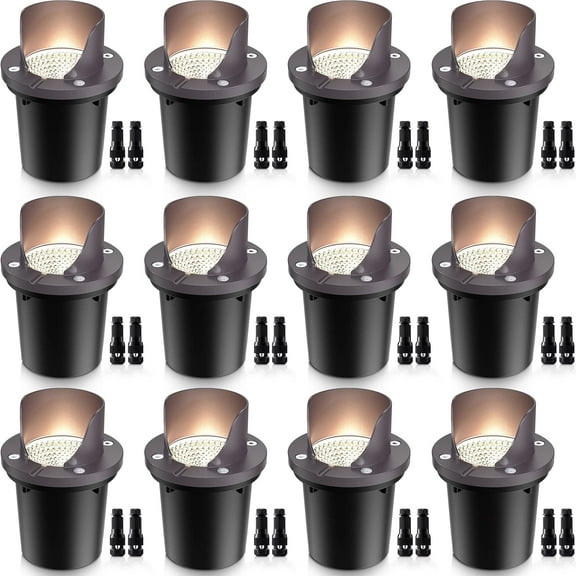 SUNVIE 12 pack Low Voltage Landscape Lighting 12W LED Outdoor In-Ground Waterproof Shielded Well Light with Wire Connector for Pathway Yard Fence Deck