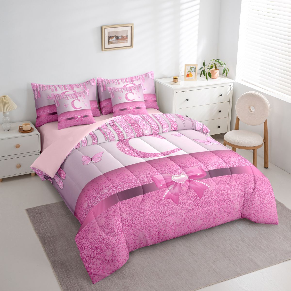 Manfei Kawaii Bowknot Alphabet C 7pcs Bedding Comforter Set for Female Women Teens,Bling Glitter Splash Queen Bedding Sets Super Cozy,Flying Butterfly Queen Sheet Sets,Dreamy Princess Decor