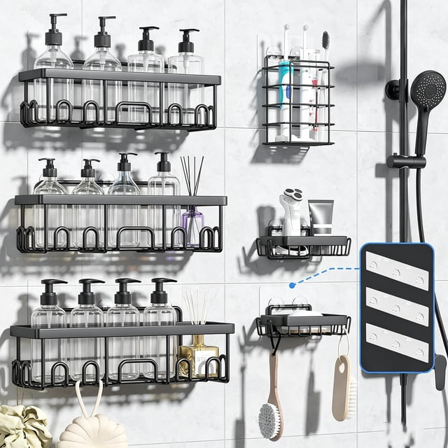 Organizador de Baño 6 Piezas, Organizador De Ducha Esquina, Accesorios para Baño con Repisas y Jaboneras, Estante para Baño Sin Taladro para Ducha y Pared (Negro)