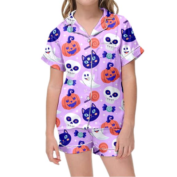Outfits for Girls Halloween Stylish Print Short Sleeve Lapel Pocket Top And Shorts 2 Piece At Home Wear Baby Girls' Clothing Sets 2 Years-3 Years