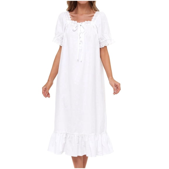 XIAONU Women's Light Blue Lace Trim Midi Nightgown Sleepwear Loose Short Sleeve Square Neck Loungewear Soft Sweet Sleep Nightgowns