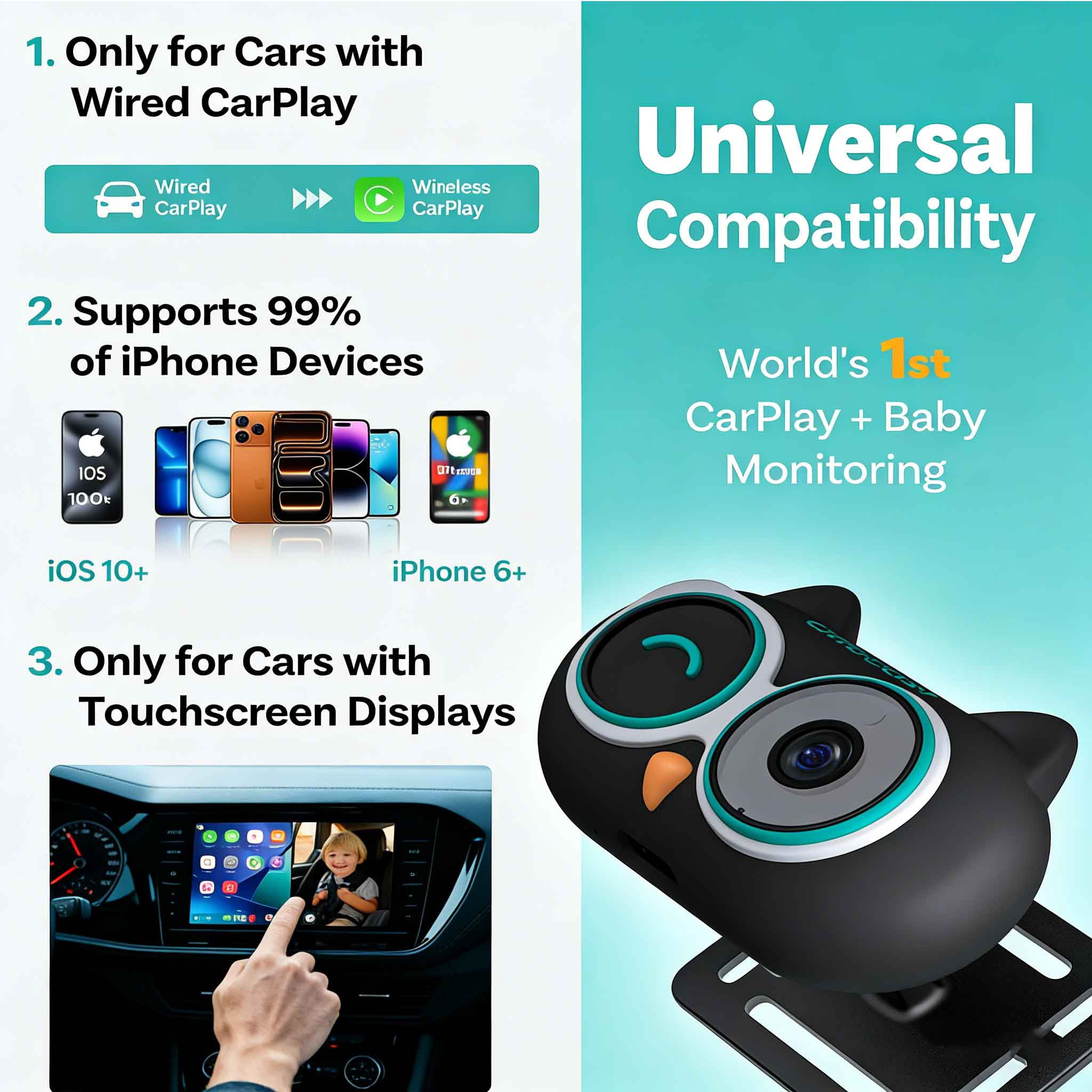 OTTOCAST OTTOCAST Baby Car Camera Displaying on Car Screen 1080P HD Wireless CarPlay Adapter for Pet Baby Children