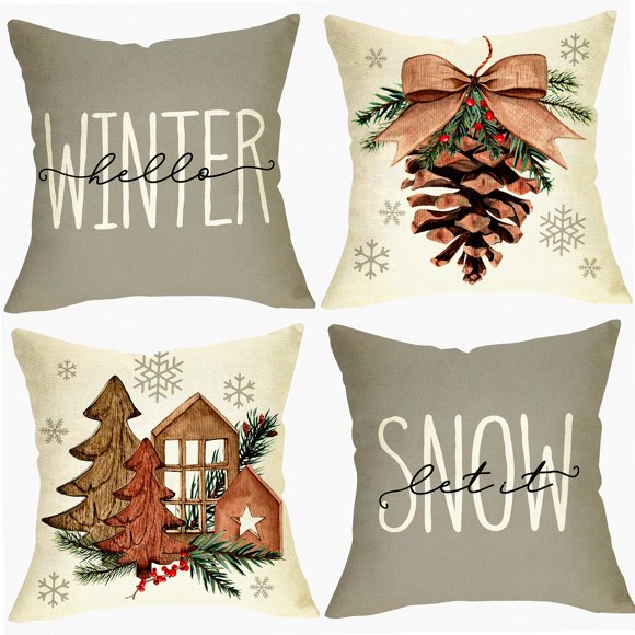 Winter Wonderland Pillow Cover Set - Pine Cone & Snowflake Decorative Cushion Case Collection for Sofa Couch - Let It Snow Tree & Berry Design - 20 x 20 - Pack of 4
