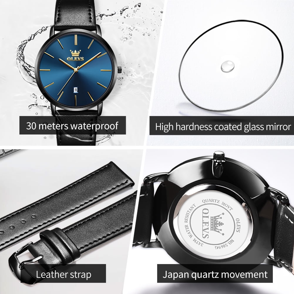 OLEVS Watches for Men Minimalist Ultra Thin Fashion Casual Analog Quartz Date Watch Waterproof Slim Simple Big Face Dress Mens Wrist Watches with Retro Leather Band for Men Reloj para Hombre
