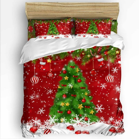 Christmas Tree King Size Comforter Set, Red Xmas Balls Evergreen Bough Winter Snowflake Bedding for All Seasons, 4 Pcs Bed Set with 1Comforter (90"x106") ,1 Sheet(94"x116"), 2 Pillowcases (19"x35")