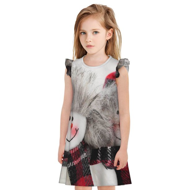 Fotbe Christmas Snowman With Hat Vestido de Dormir para Niñas de 3 a 10 Años, Mangas Cortas, Estilo Princesa, Pijama Camisón con Mangas Voladas-XX-Large