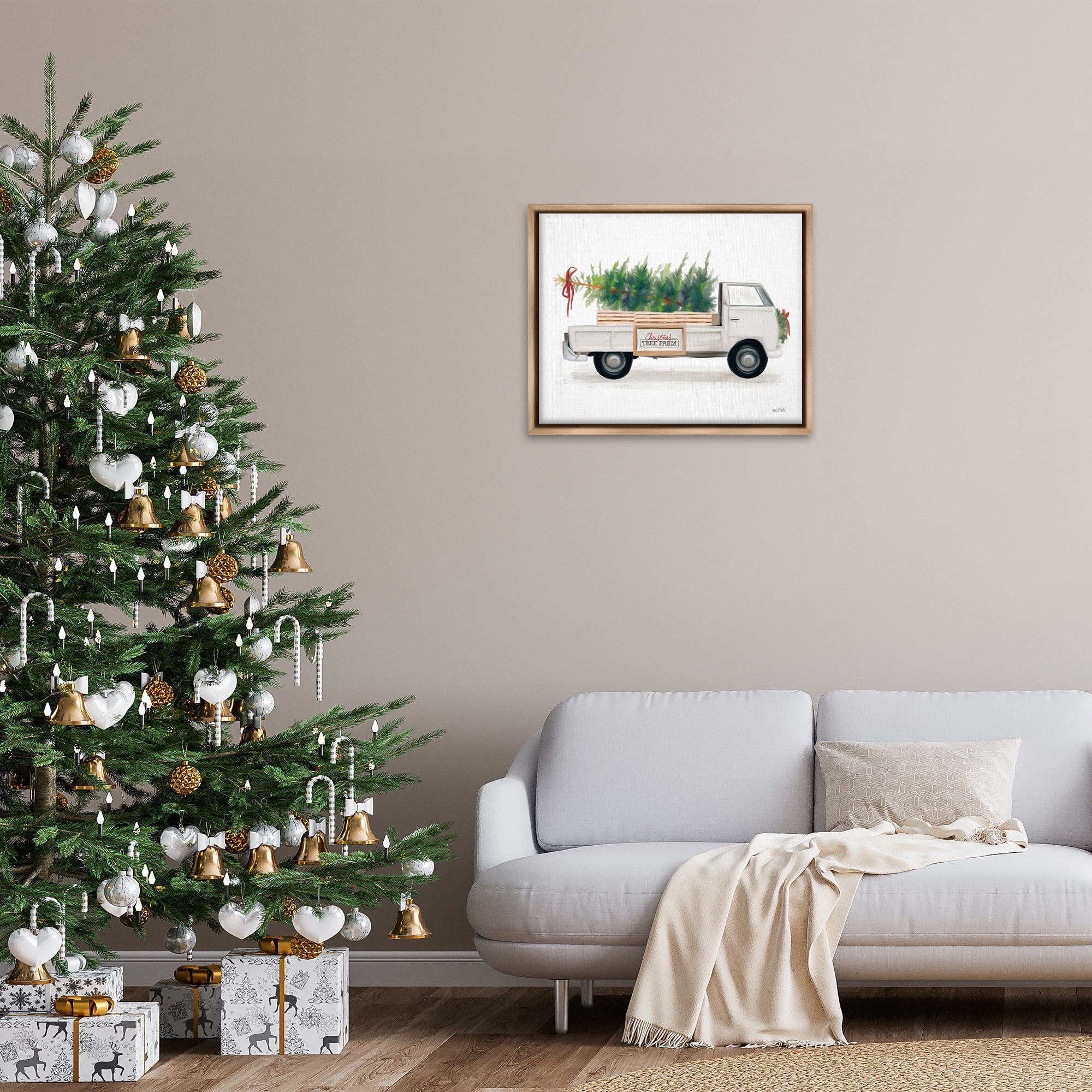 Stupell Industries Christmas Tree Farm Truck Holiday Painting Brown Floater Framed Canvas Art Print Wall Art, 31 x 25