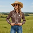 thumbnail image 2 of Western Cowboy Shirts for Women Cowgirl Spring Fall Button Down Shirt Floral Embroidery Long Sleeve Snap Brown Tops XXL, 2 of 3