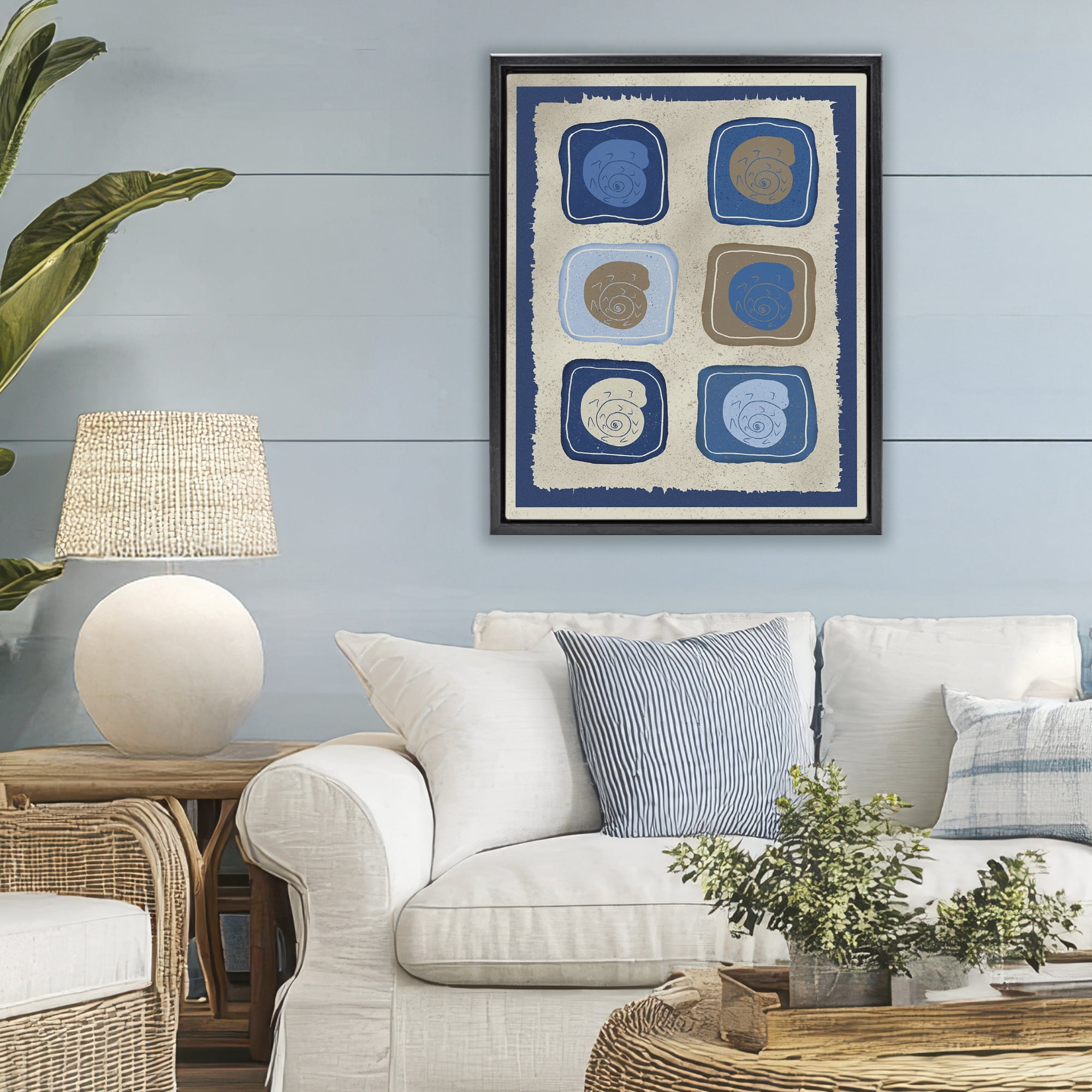 Stupell Industries Blue Blocked Nautilus Black Framed Floater Canvas Wall Art, design by Julia Frost