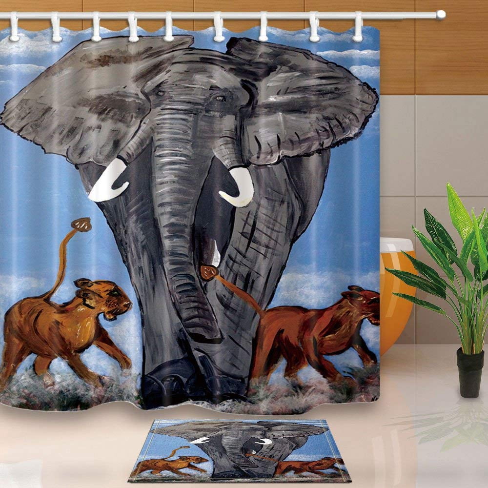 BPBOP Animal African Savannah Elephant Lion Shower Curtain 66x72 inches with Floor Doormat Bath