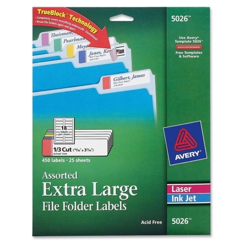 Avery Large File Folder Labels, 15/16'x3-7/16' 450 Asst. Labels (5026) Permanent Adhesive - 0.94' Height x 3.44' Width - Rectangle - Laser, Inkjet - Blue, Green, Purple, Red, Yellow - Paper - 18