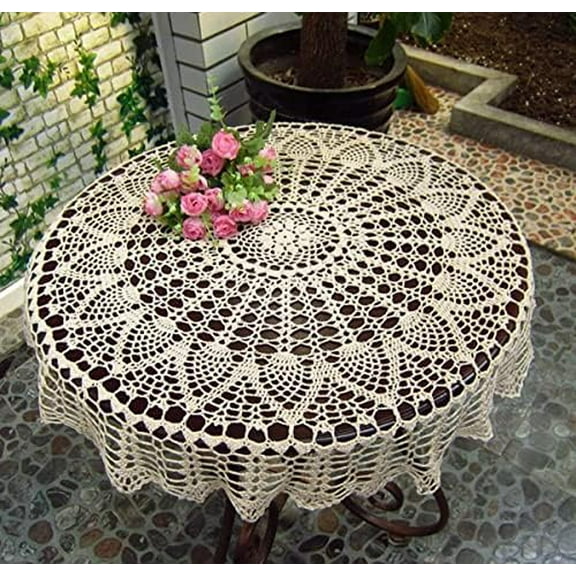 Vintage Crochet Table Cloth Round Lace Doily Handmade 100% Cotton Lace Floral Bohemian Table Cover Scarf Table Topper for Home Wedding Party Decoration, Beige, 33-Inch$$Home Decor, Kitchen, & Other