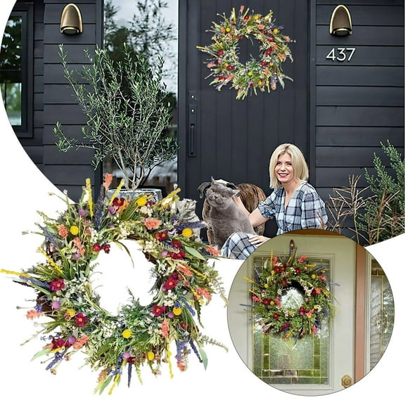 Aminojy XL Outdoor Door Wreath - Spring Summer Greenery Wreath with Simulated Dried Flowers, Weather-Resistant Plastic Decor for Porch, Patio & Farmhouse Entryway