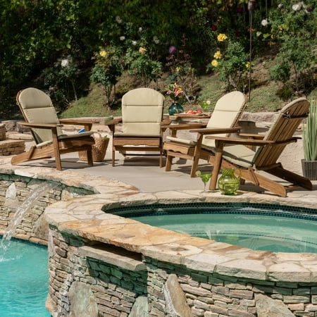 Ariel Outdoor Acacia Wood Folding Adirondack Chairs with Cushions (Set of 4), Natural and Khaki