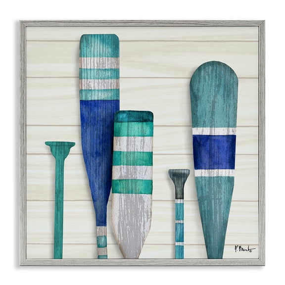 Stupell Industries Rustic Lodge Port Oars Blue Green Striped Patterns Gray Framed Giclee Art, 17 x 17, by Paul Brent