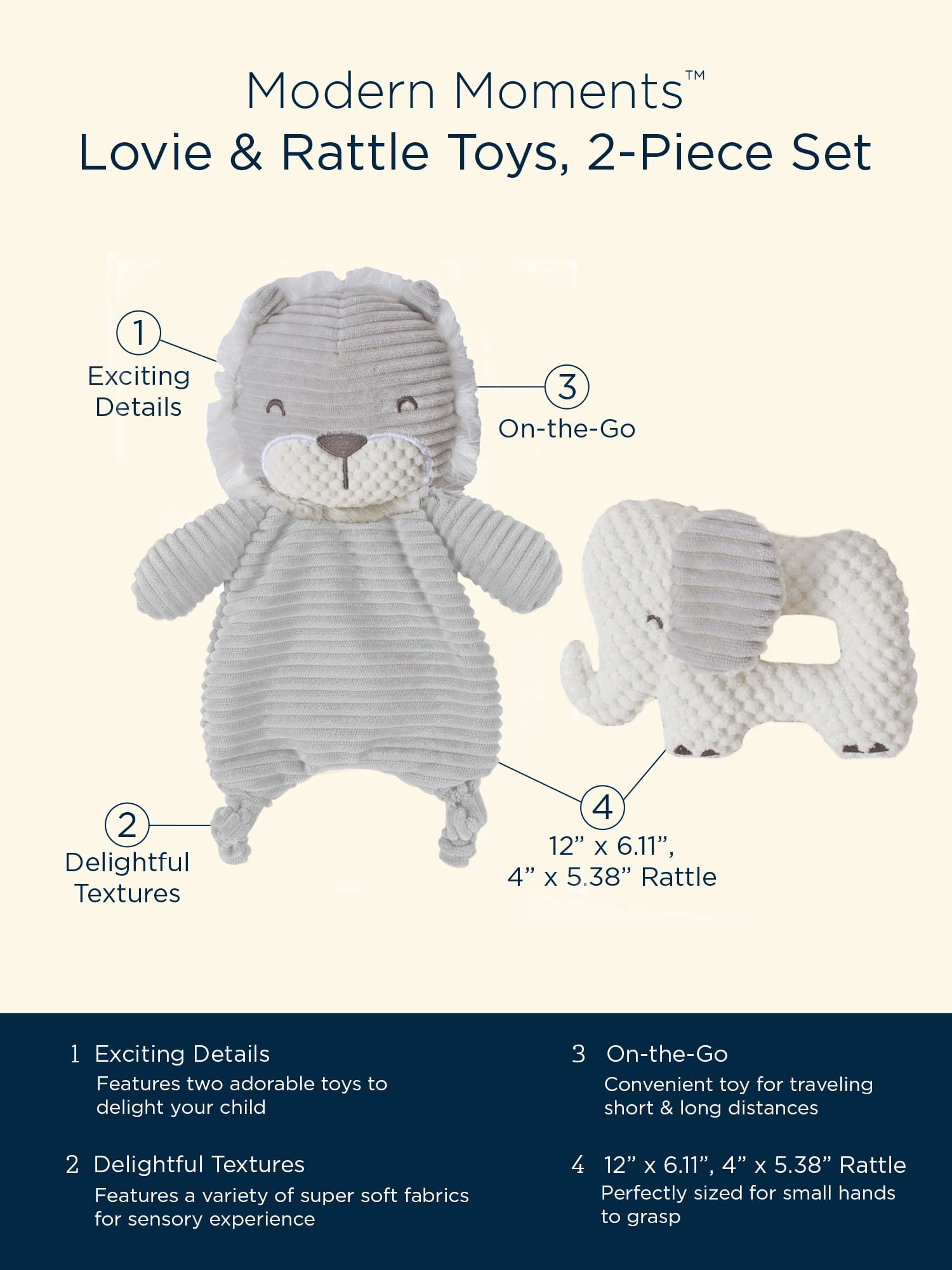 Modern Moments by Gerber Baby Boy Lovie & Rattle Toys, 2-Piece Set, Gray Lion & Elephant