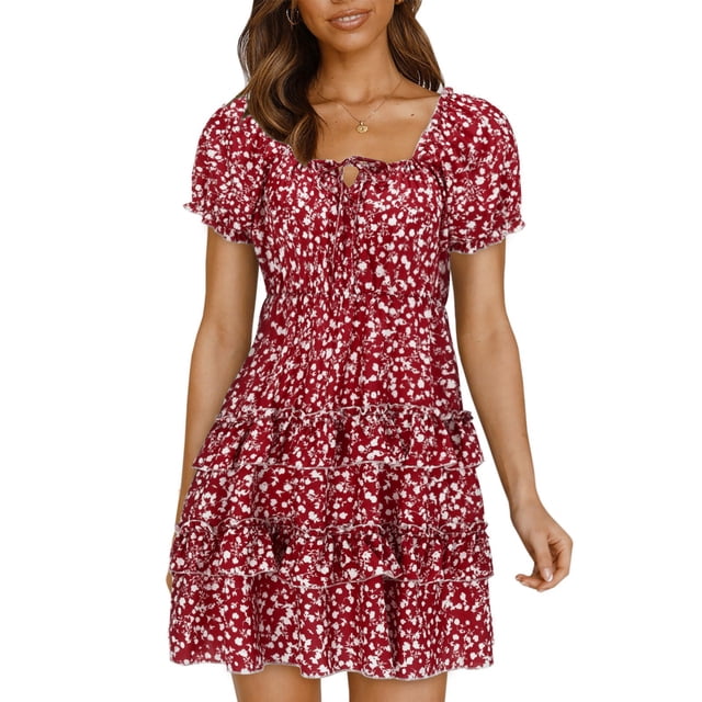WTXUE Plus Robes Taille, Robe Trapèze à Manches Courtes Vestidos Casuales Para Mujer Col Ras du Cou, Robe d'Été à Manches Trapèze Robe Plissée Robe d'Été Florale Mi-Longue pour Femme Grande Taille, Rouge Taille P