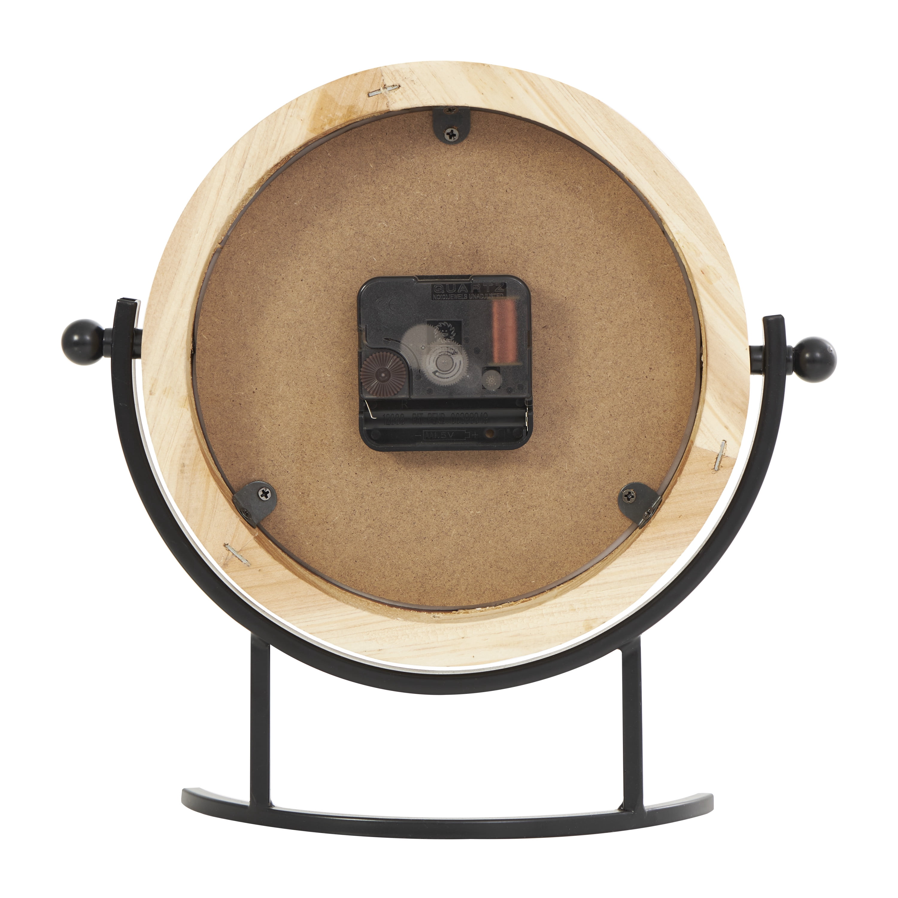 DecMode 10" Light Brown Wood Clock with Curved Black Metal Stand and Ball Details