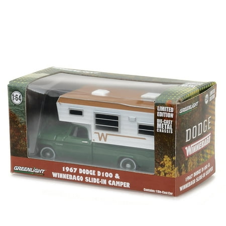 1967 D-100 Green with Winnebago Slide in Camper Hobby Exclusive 1/64 by Greenlight 29866, Limited Edition. Brand New Box. Has Rubber Tires..., By Dodge From