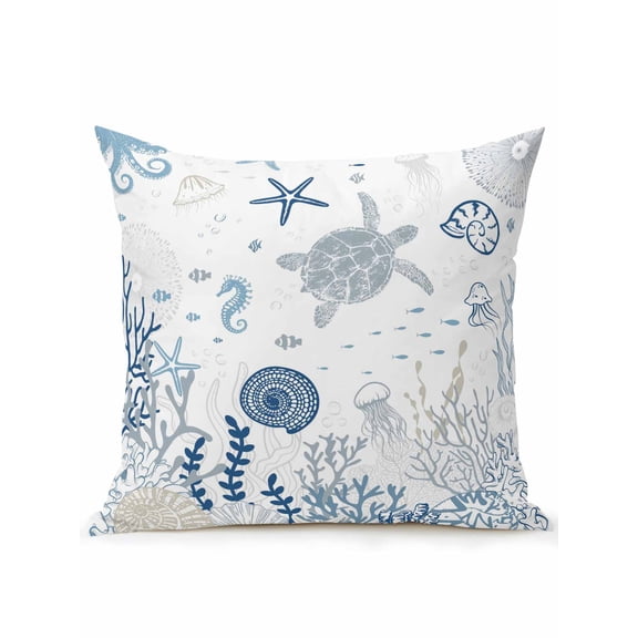 Outdoor Pillow Waterproof 1 Pack, Blue Coastal Patio Throw Pillows for Couch Bed Sofa with Insert, Summer Beach Turtle Coral Starfish Jellyfish Decorative Travel/Reading/Camping Pillow Set 18x18 Inch