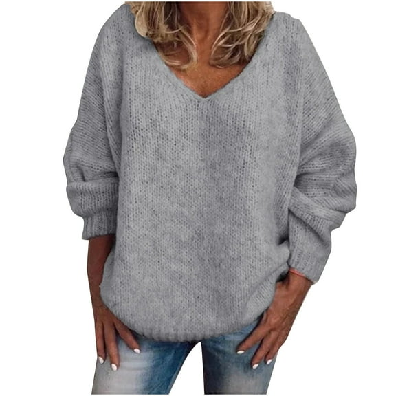 Odeerbi Plus Size Chunky Knit Sweaters for Women 2025 Winter Loose Solid Color Sweater Comfort V-neck Pullover Sweater Top Gray