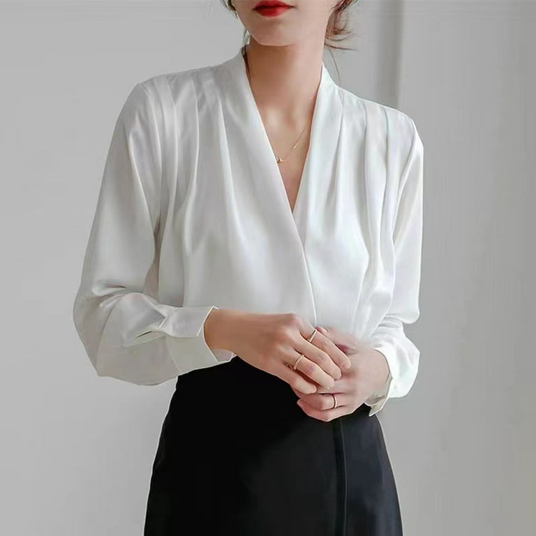 Hfyihgf Women's Elegant V Neck Long Sleeve Blouse Wrap Ruffle Loose Casual  Drape Business Office Shirts Plain Tunic Tops(White,XL) 
