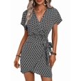 thumbnail image 3 of Women'S Summer Wrap Dresses V Neck Print Ruffle Short Sleeve Mini Floral Boho Dress Black L, 3 of 9