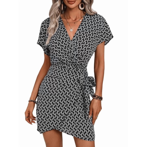 Women's Short Sleeve Floral Boho Ruffle Mini Wrap Dresses Neck Print Dress for Summer Black S