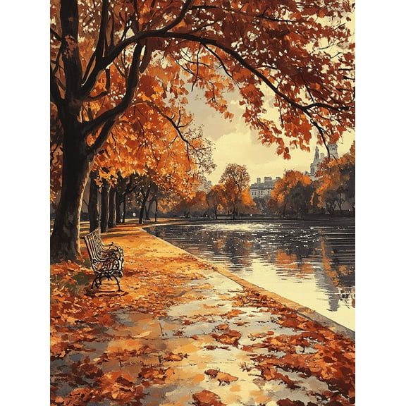 Autumn Lake Park Bench Canvas Print/Wall Art，Suitable for Living Room，Office，Bathroom，Hallway Decoration