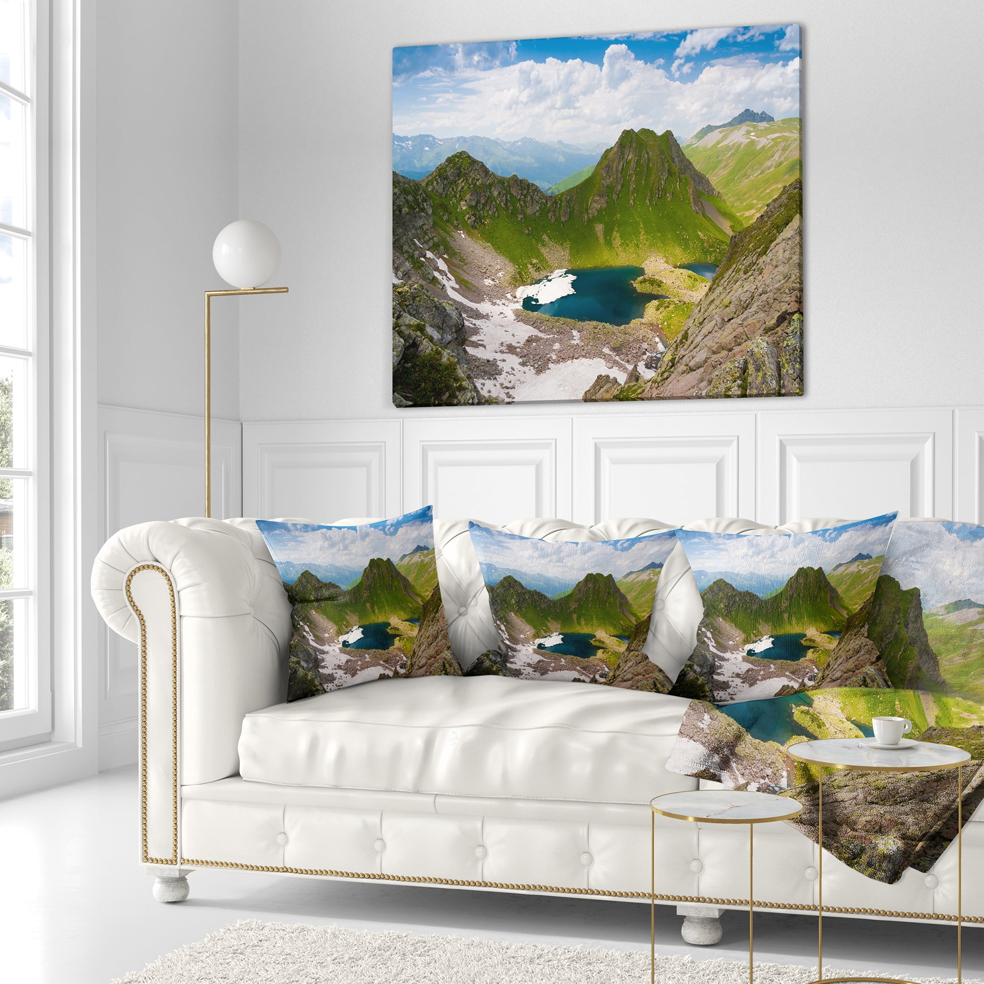 Designart Mountain Lake View on Bright Day - Landscape Printed Throw Pillow - 16x16