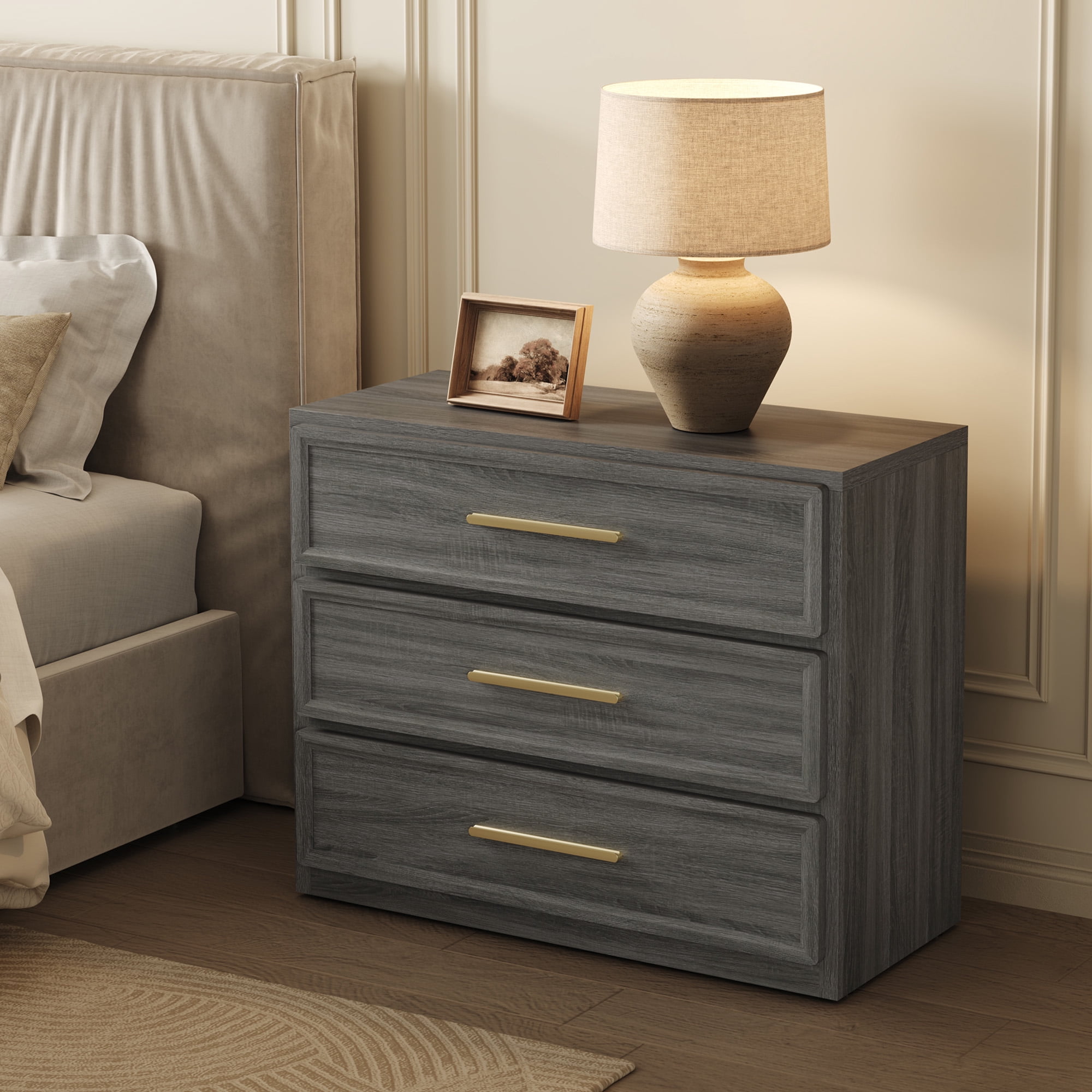 SICOTAS 31.3" W 3-Drawer Nightstand with Oversized Large Storage , Modern Night Stands Bedside Table with Adjustable Feet & Gold Handles for Bedroom Living Room Entryway, Dark Grey Oak