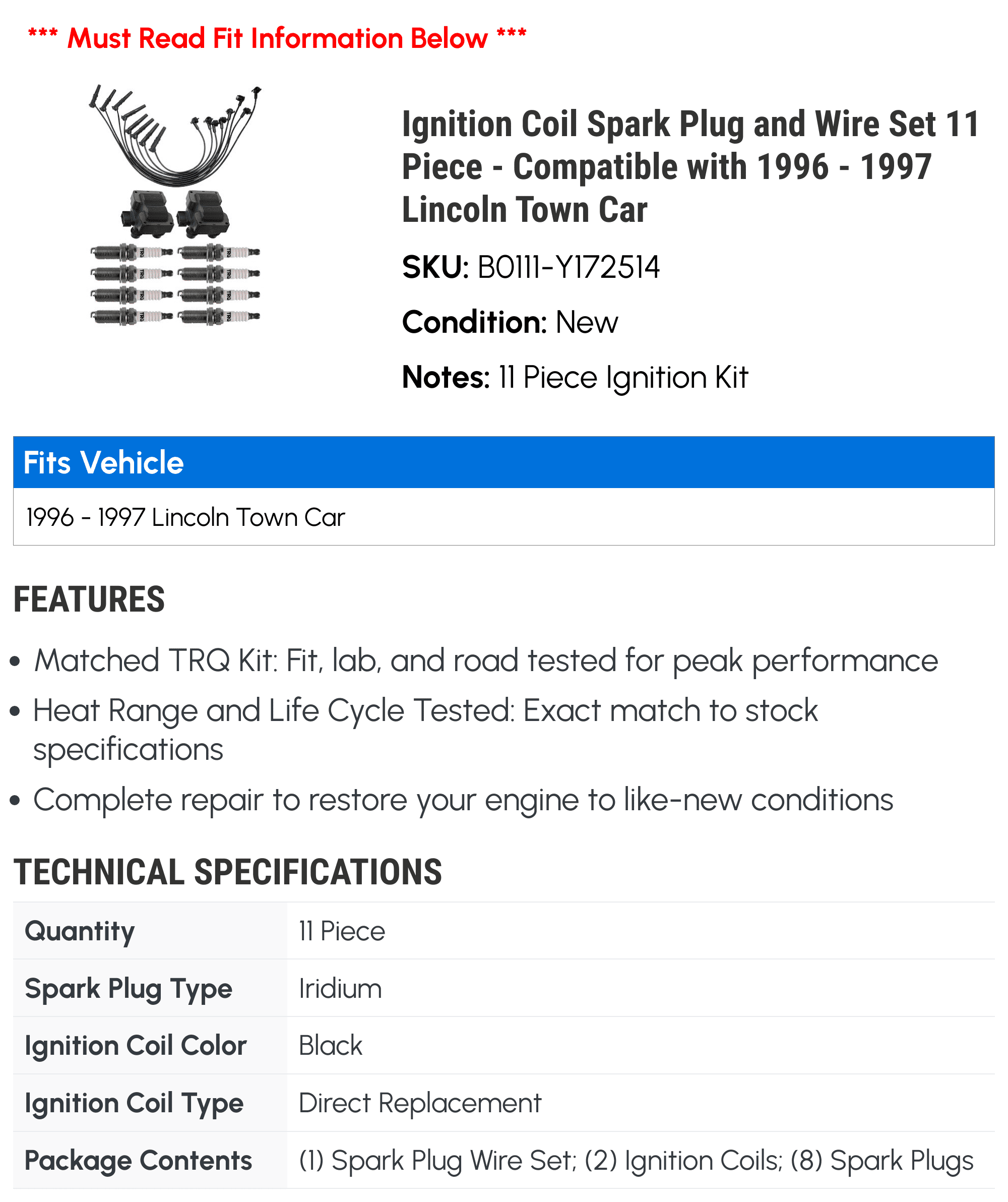 Ignition Coil Spark Plug and Wire Set 11 Piece - Compatible with 1996 - 1997 Lincoln Town Car