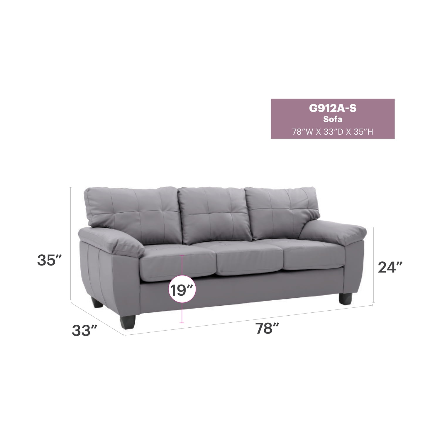 Glory Furniture Gallant Faux Leather Sofa in Gray