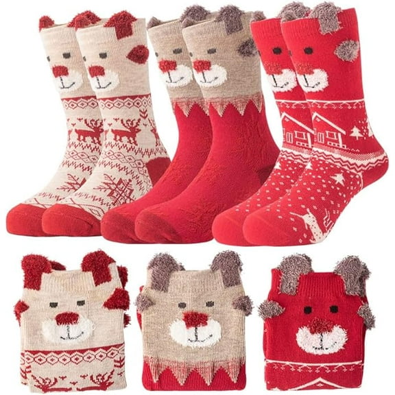 3 Pairs Kids Girls Boys Christmas Socks, Soft Christmas Xmas Holiday Cozy Fuzzy Crew Socks, Women Girls Xmas Gift Socks