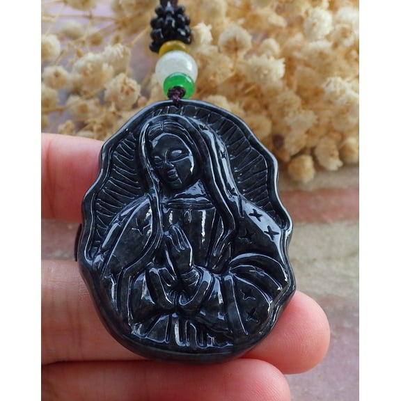 Black Natural A Jade jadeite pendant Virgin Mary Necklace 658059 TN